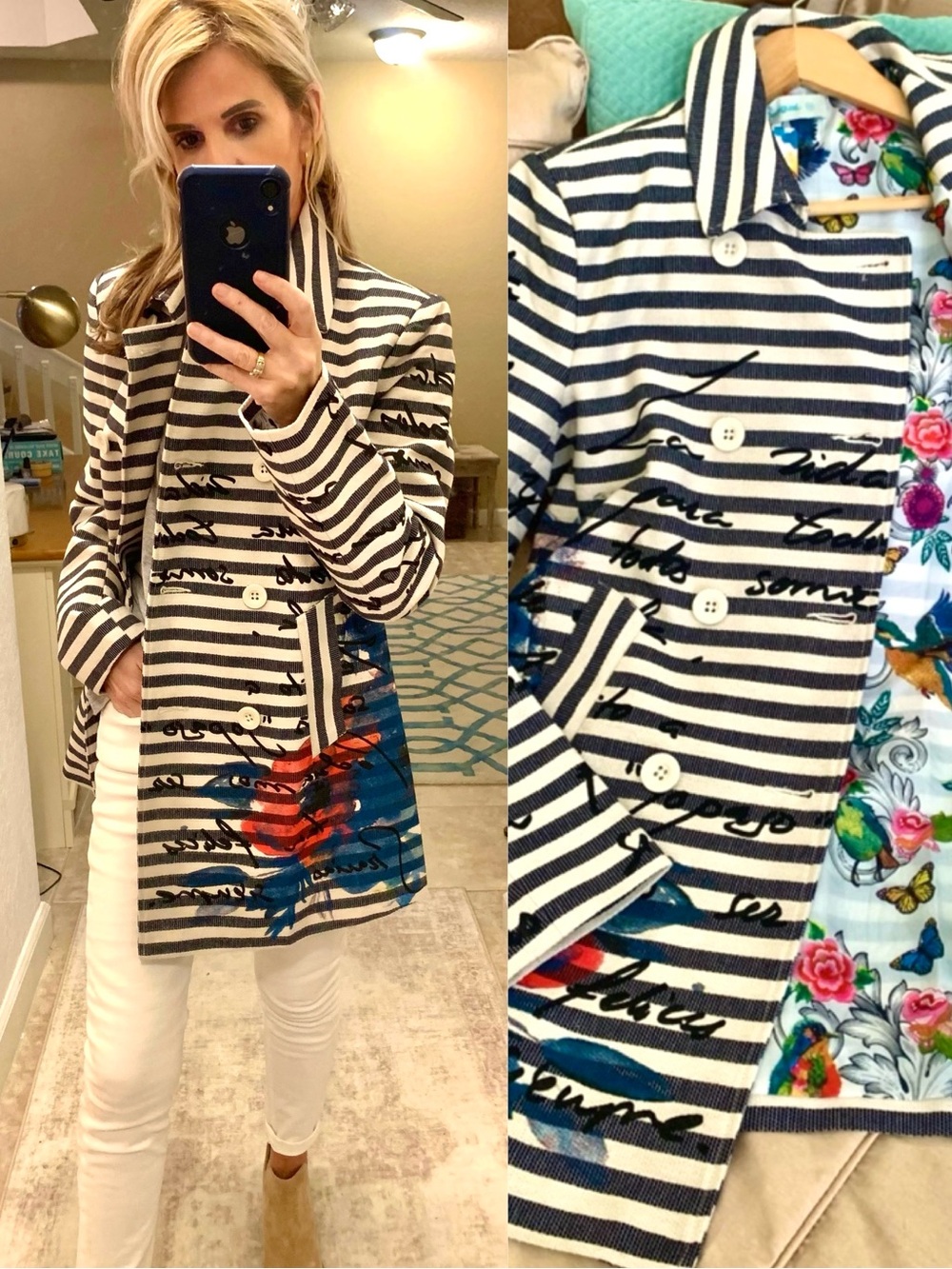 NWT Desigual Navy White Striped Trench Coat with Floral graffiti Script Print